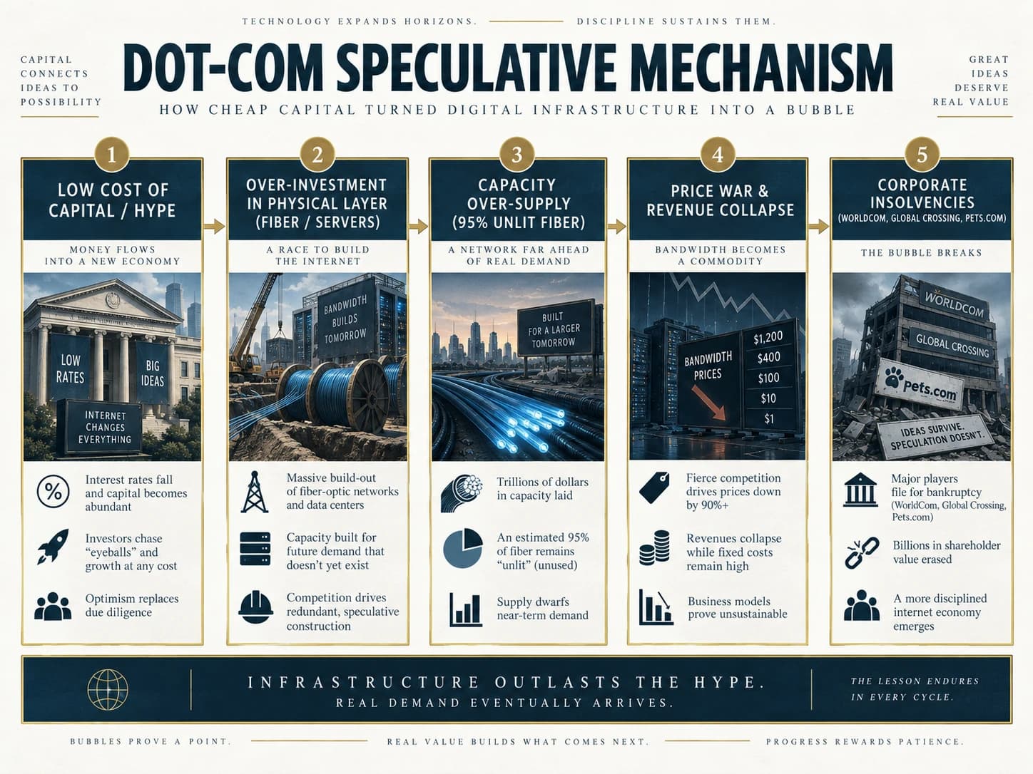 Five stages connect abundant financing to infrastructure overbuilding, excess capacity, falling prices and company failures.