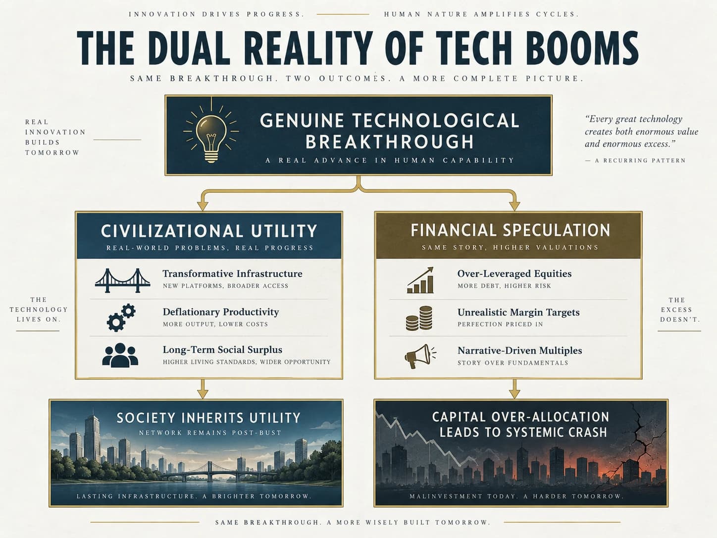 A technological breakthrough splits into lasting social benefits and speculative financial losses.