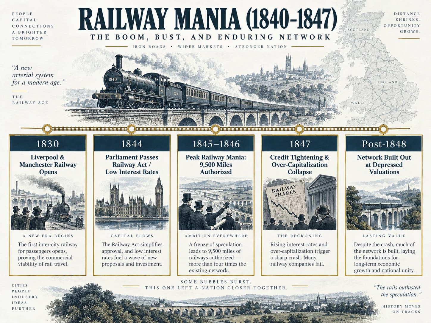 British railway timeline from the Liverpool and Manchester opening to railway mania, financial distress and a lasting network.